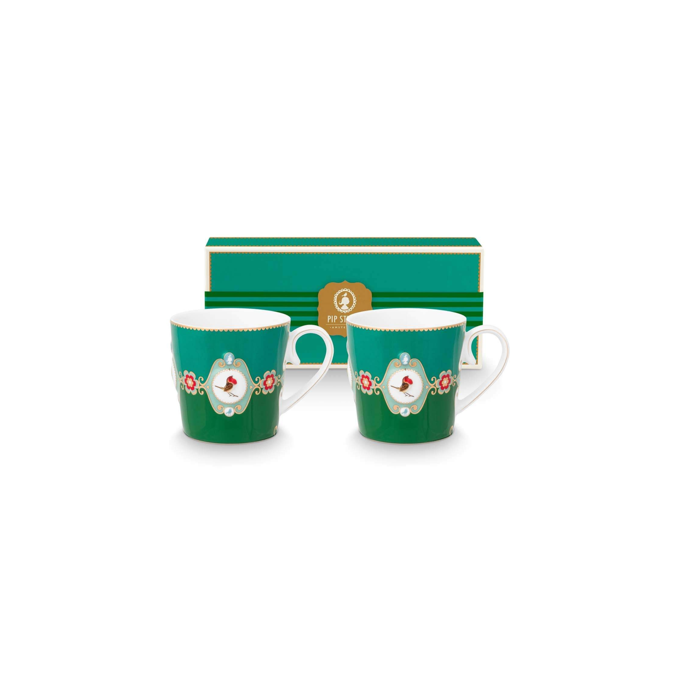 Set 2 căni mari Pip Studio Love Birds Medallion, porțelan, verde smarald, 300ml