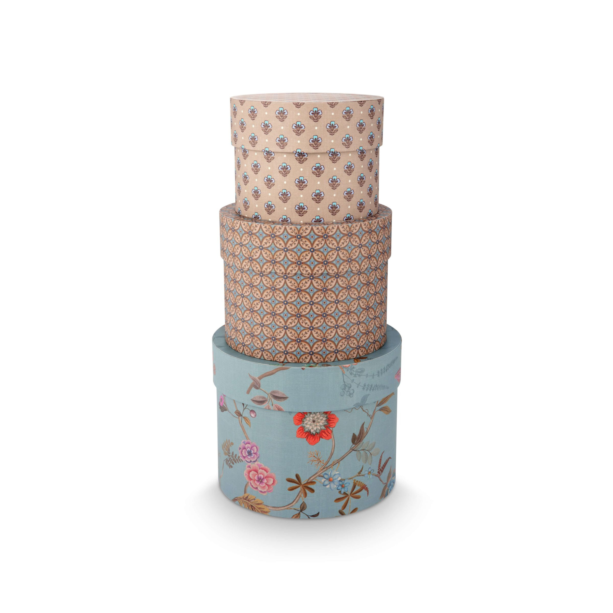 Set 3 cutii rotunde pentru depozitare Blooming Tales, albastru/kaki
