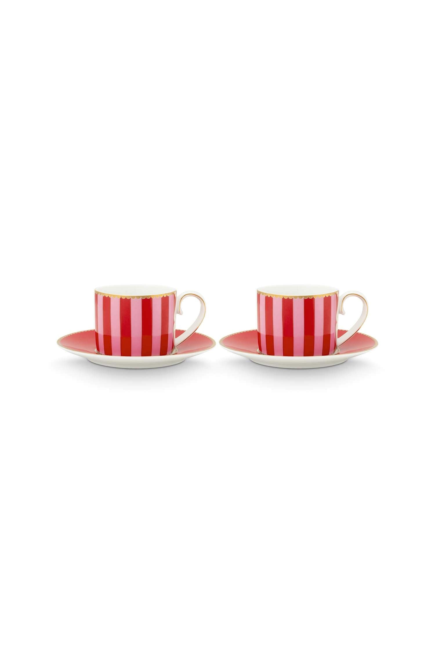 Set 2 cești și farfurioare pentru espresso Love Birds Stripes, porțelan, roșu/roz, 90ml