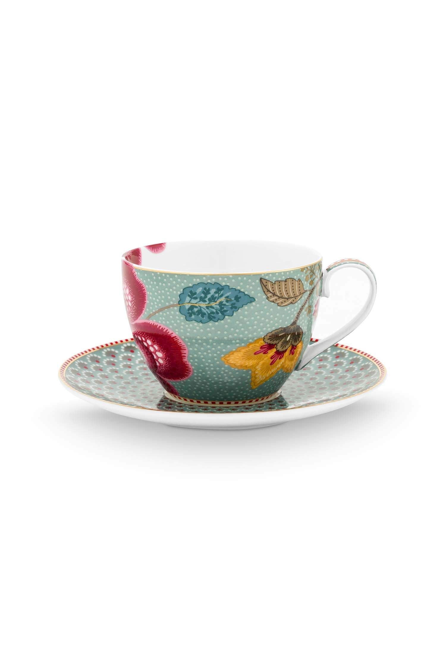 Set 2 cești cu farfuriuțe Blooming Tales, porțelan, albastru, 300ml