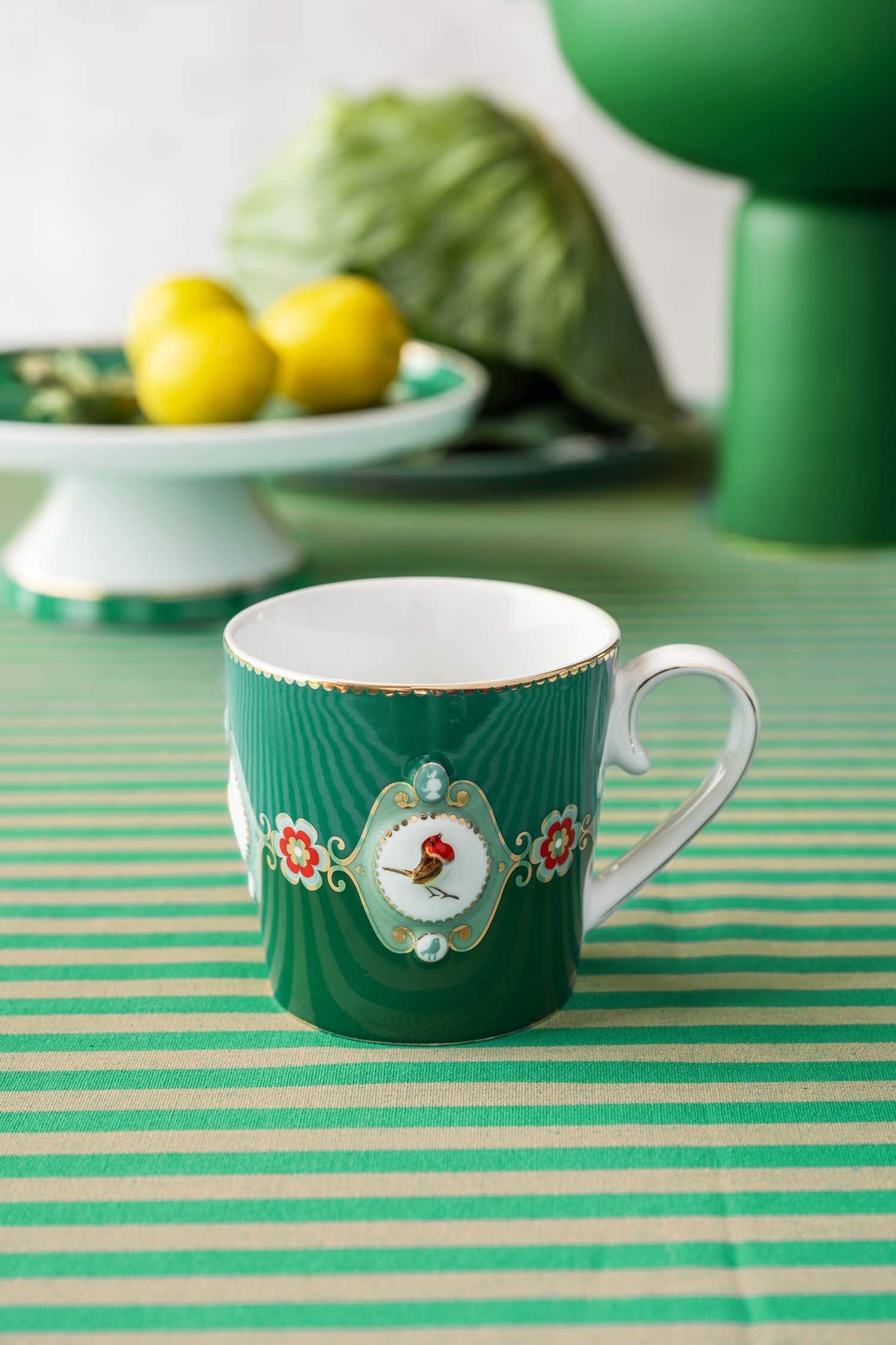 Set 2 căni mari Pip Studio Love Birds Medallion, porțelan, verde smarald, 300ml