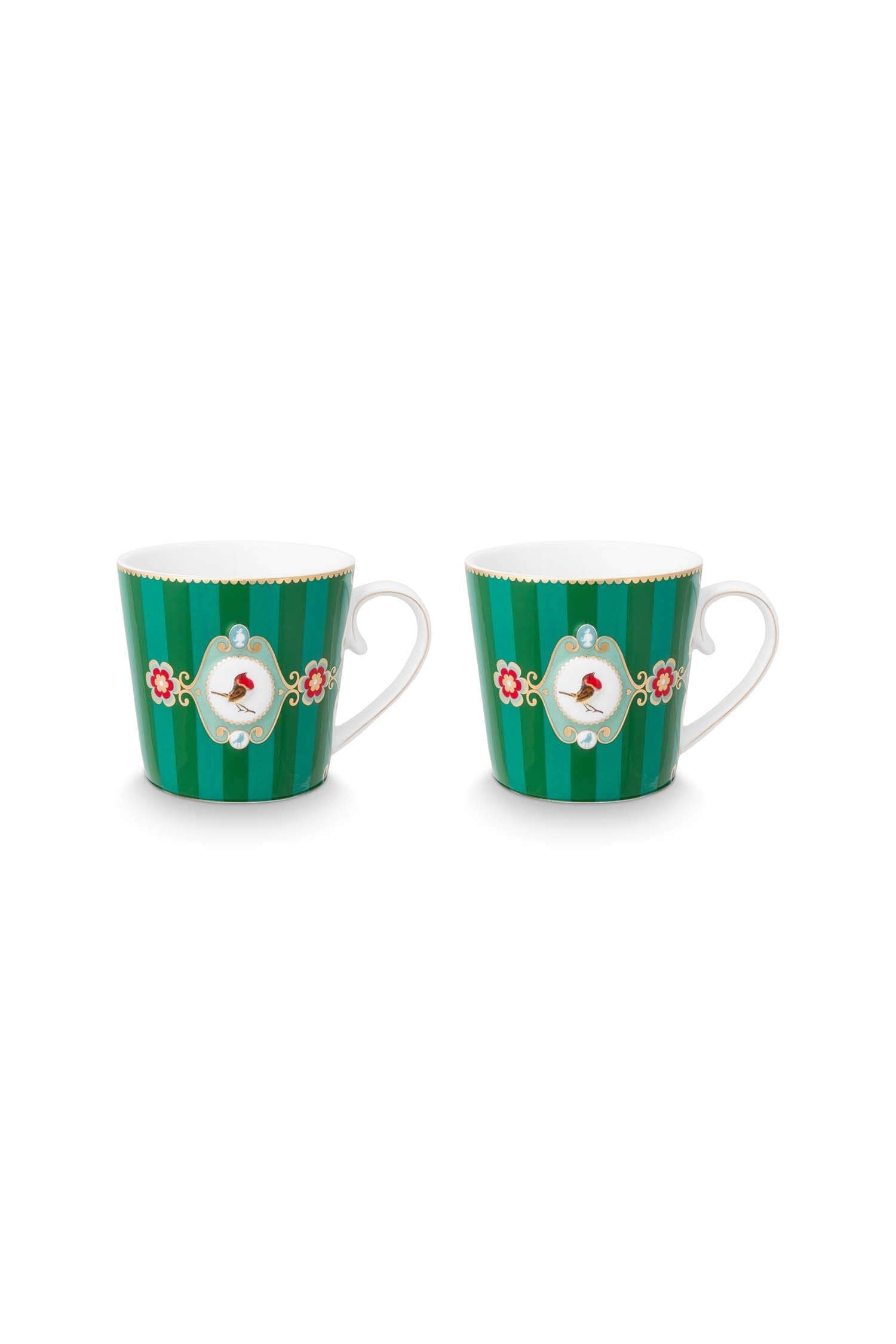 Set 2 căni mari Pip Studio Love Birds Medallion Stripes, porțelan, verde smarald, 300ml
