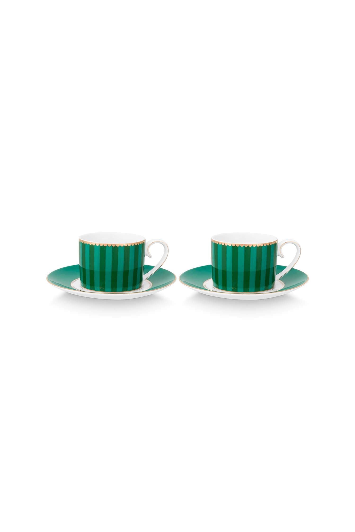 Set 2 cești cu farfurioare Pip Studio Love Birds Medallion, porțelan, verde smarald, 250ml