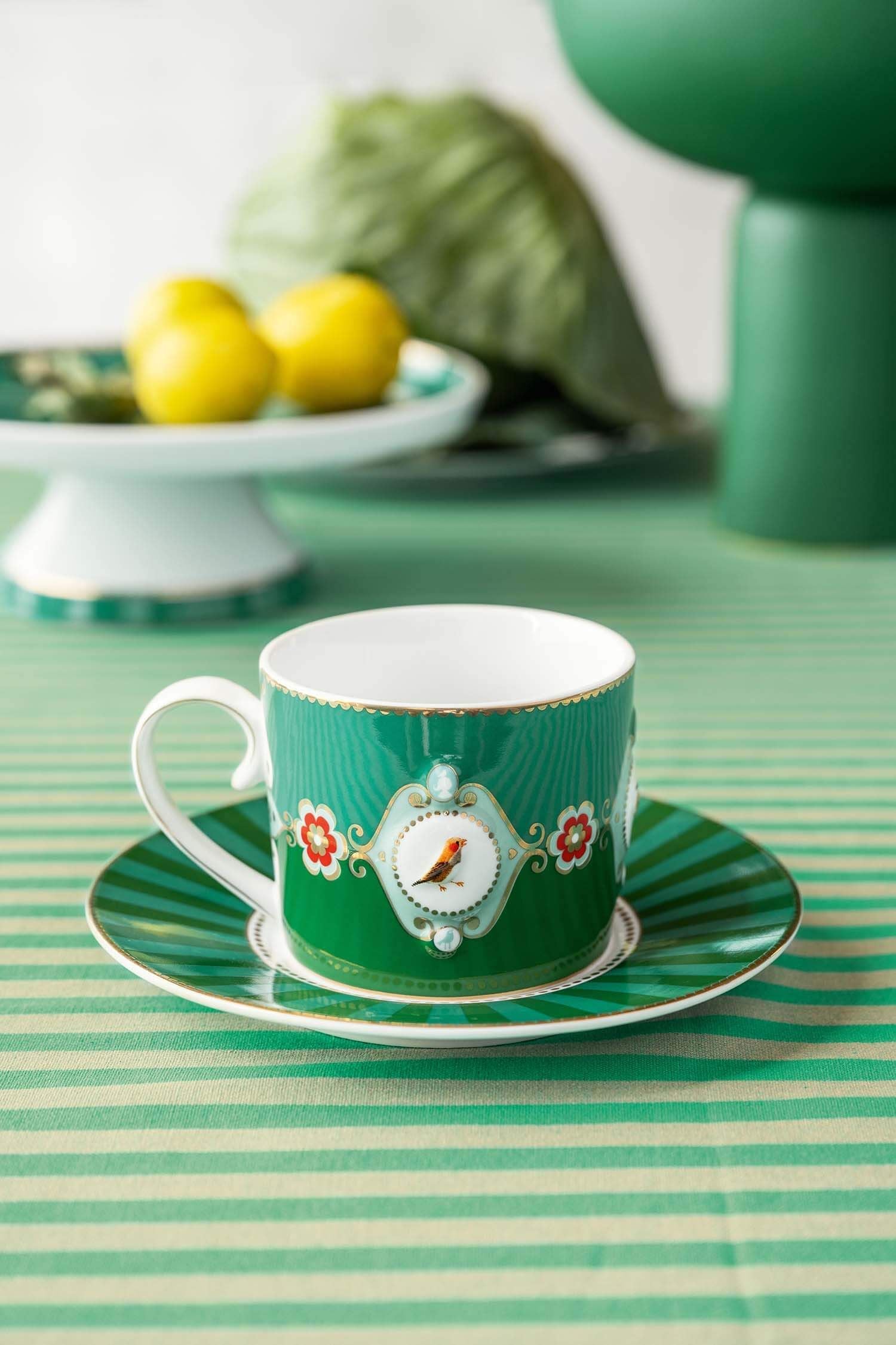 Set 2 cești cu farfurioare Pip Studio Love Birds Medallion, porțelan, 250ml