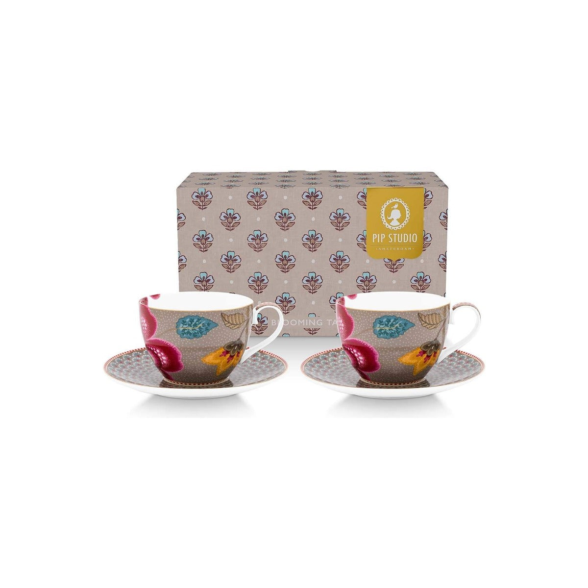 Pip Studio Blooming Tales Fantasy set of 2 cups & saucers, khaki with flowers and golden rim