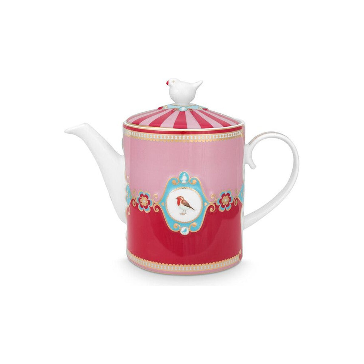 Teapot Love Birds Medallion, porcelain, red/pink