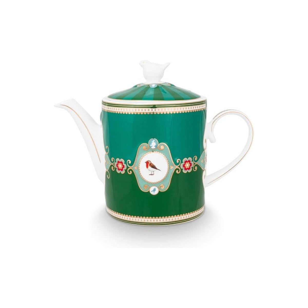 Teapot Love Birds Medallion, porcelain, emerald green