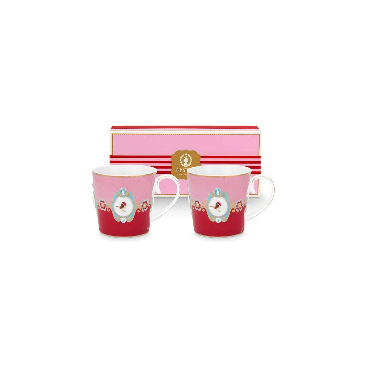 Set of 2 Large Mugs Love Birds Medallion, porcelain, red/pink