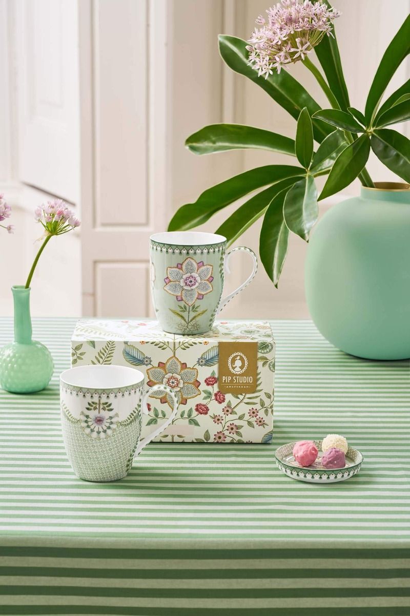 Set 2 căni mari Pip Studio Lily & Lotus, porțelan, verde deschis, 350ml