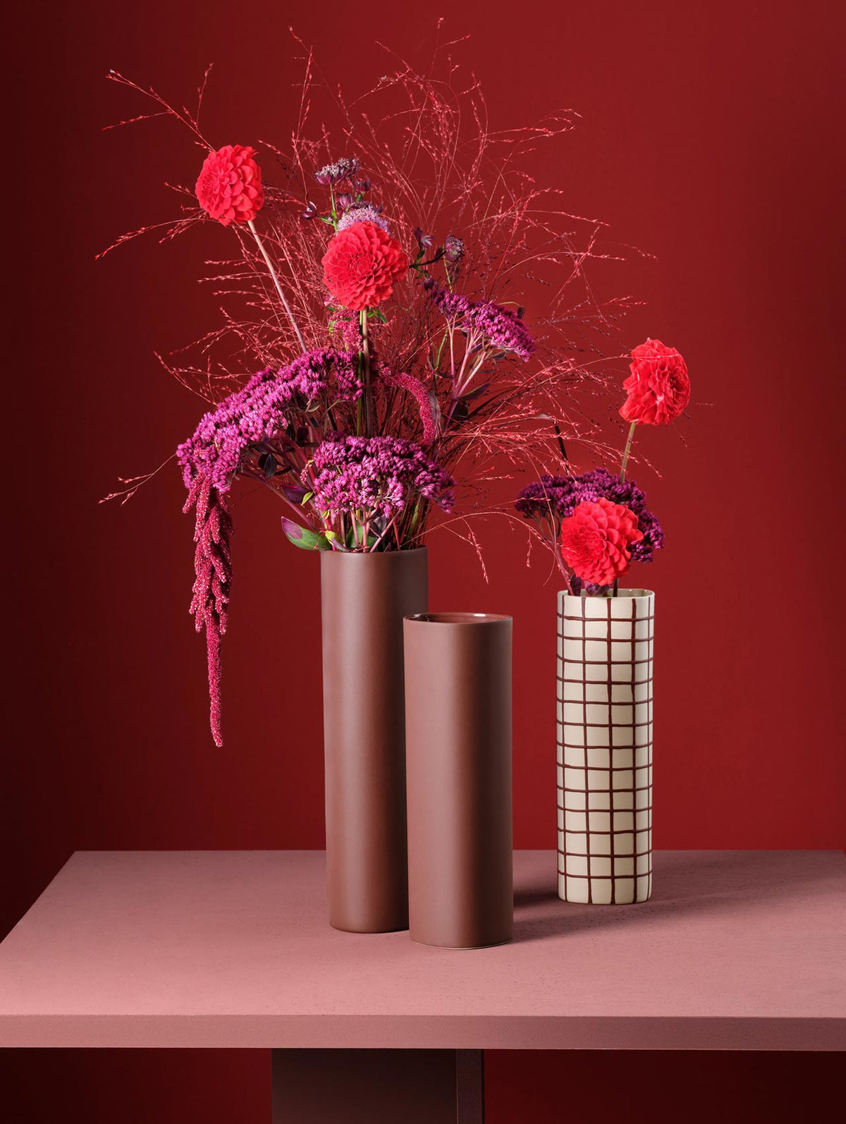 Ceramic Vase 25cm Lines and Squares, Burgundy