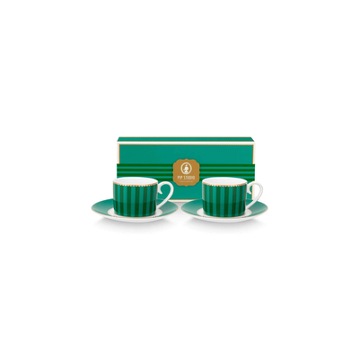 Set 2 cești cu farfurioare Pip Studio Love Birds Medallion, porțelan, verde smarald, 250ml