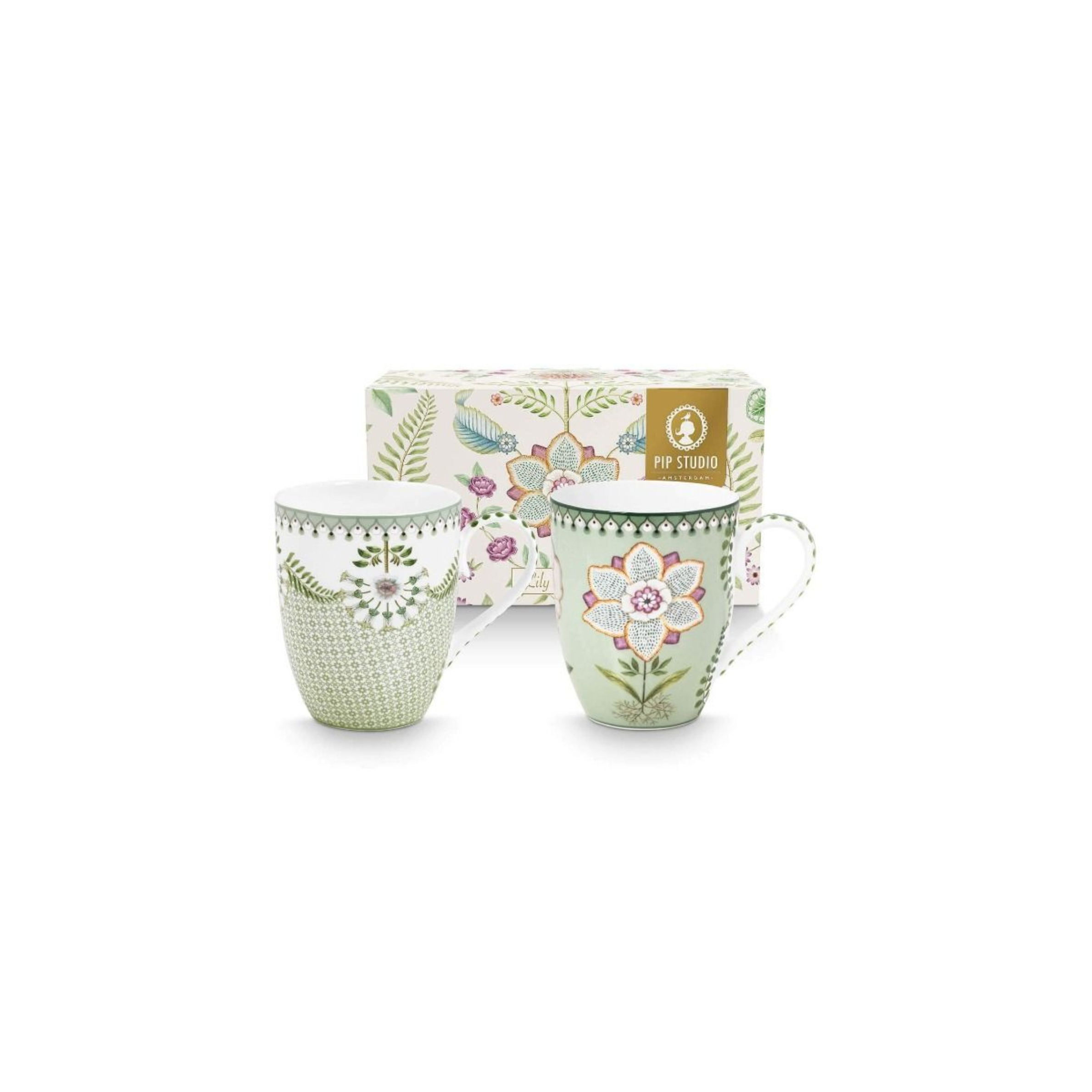 Set 2 căni mari Pip Studio Lily & Lotus, porțelan, verde deschis, 350ml