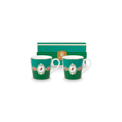 Set 2 căni mari Pip Studio Love Birds Medallion, porțelan, verde smarald, 300ml