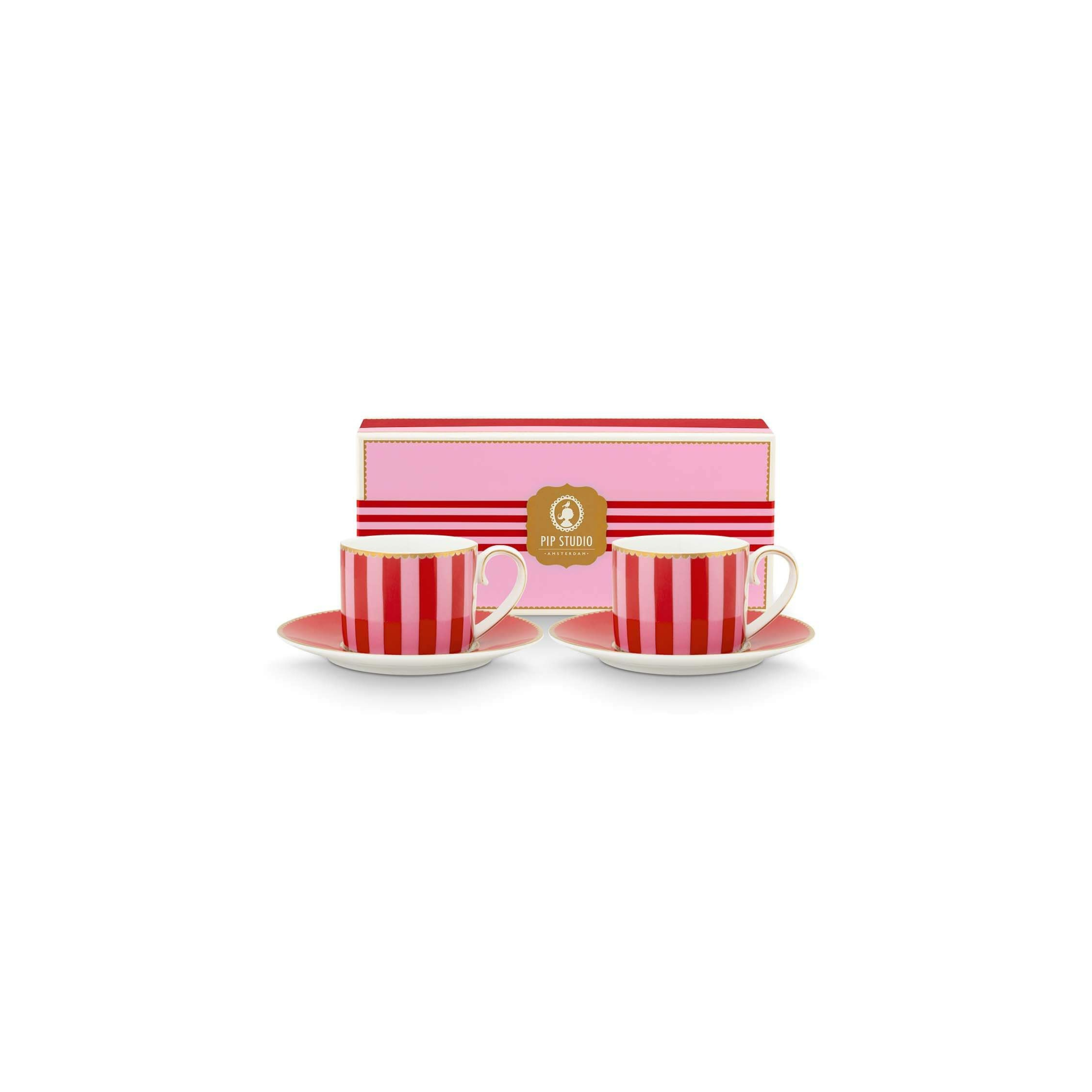 Set 2 cești și farfurioare pentru espresso Love Birds Stripes, porțelan, roșu/roz, 90ml