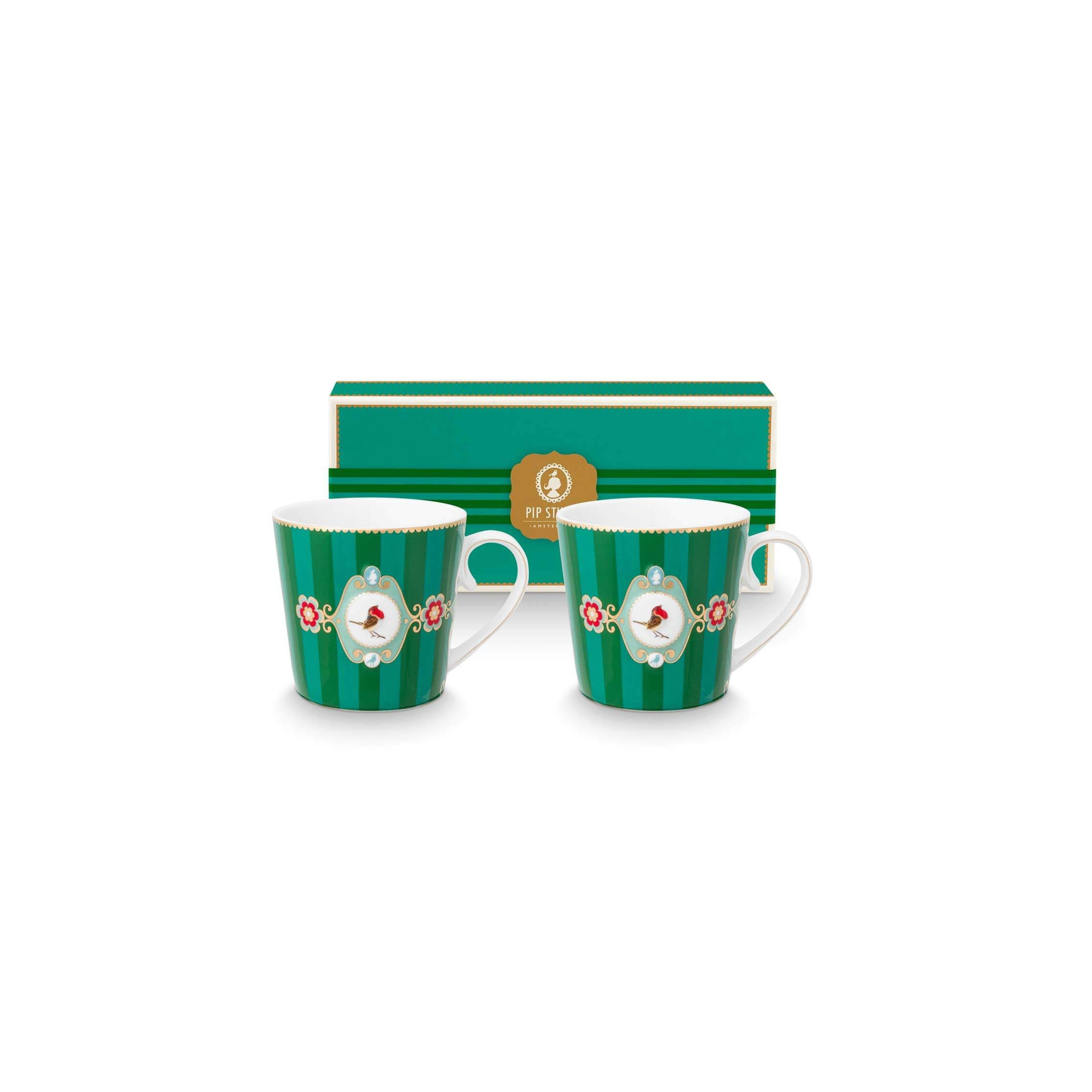 Set 2 căni mari Pip Studio Love Birds Medallion Stripes, porțelan, verde smarald, 300ml