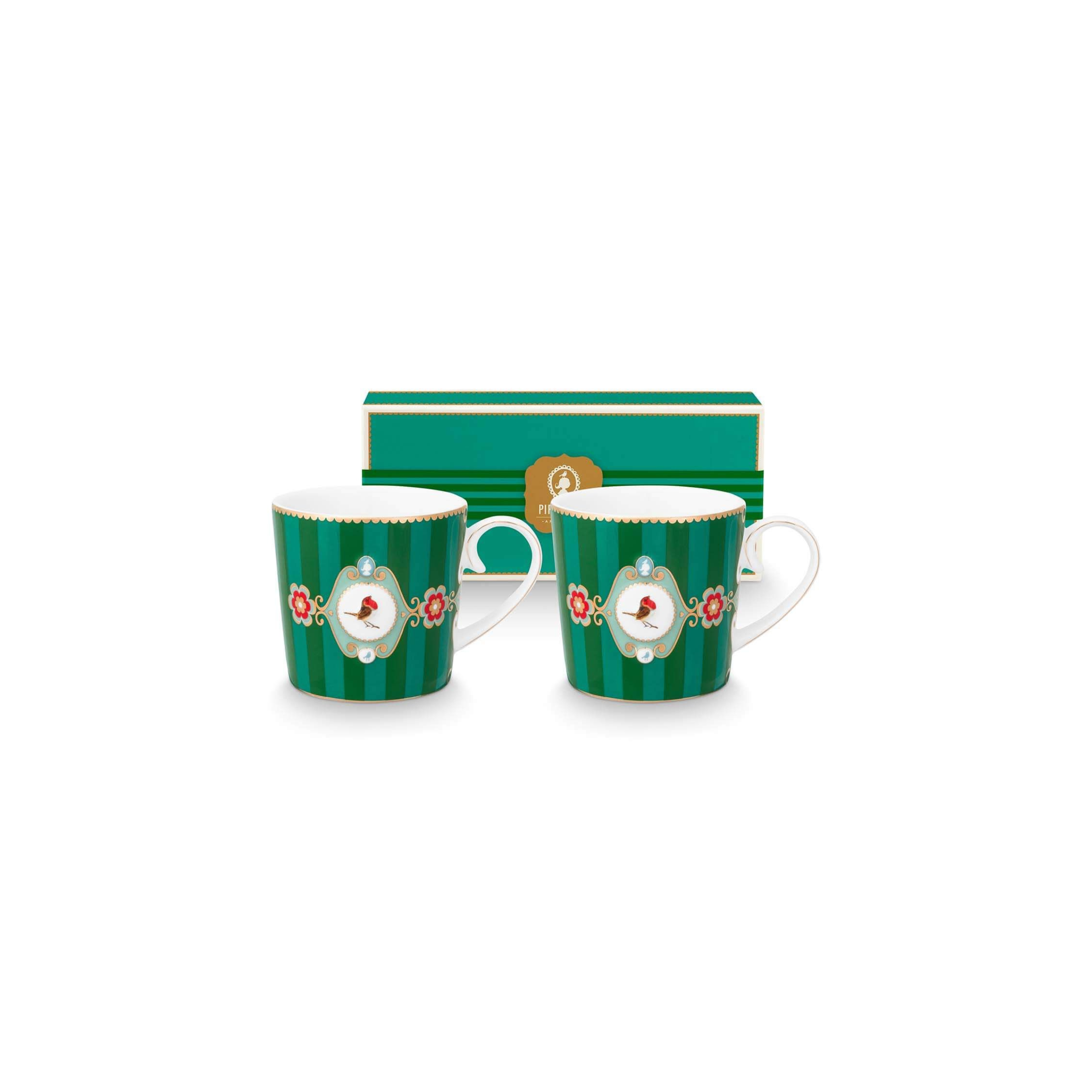 Set 2 căni mici Pip Studio Love Birds Medallion Stripes, porțelan, verde smarald, 150ml