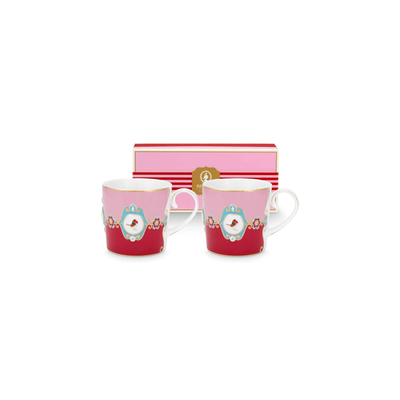 Set 2 căni mici Pip Studio Love Birds Medallion, porțelan, roșu/roz, 150ml