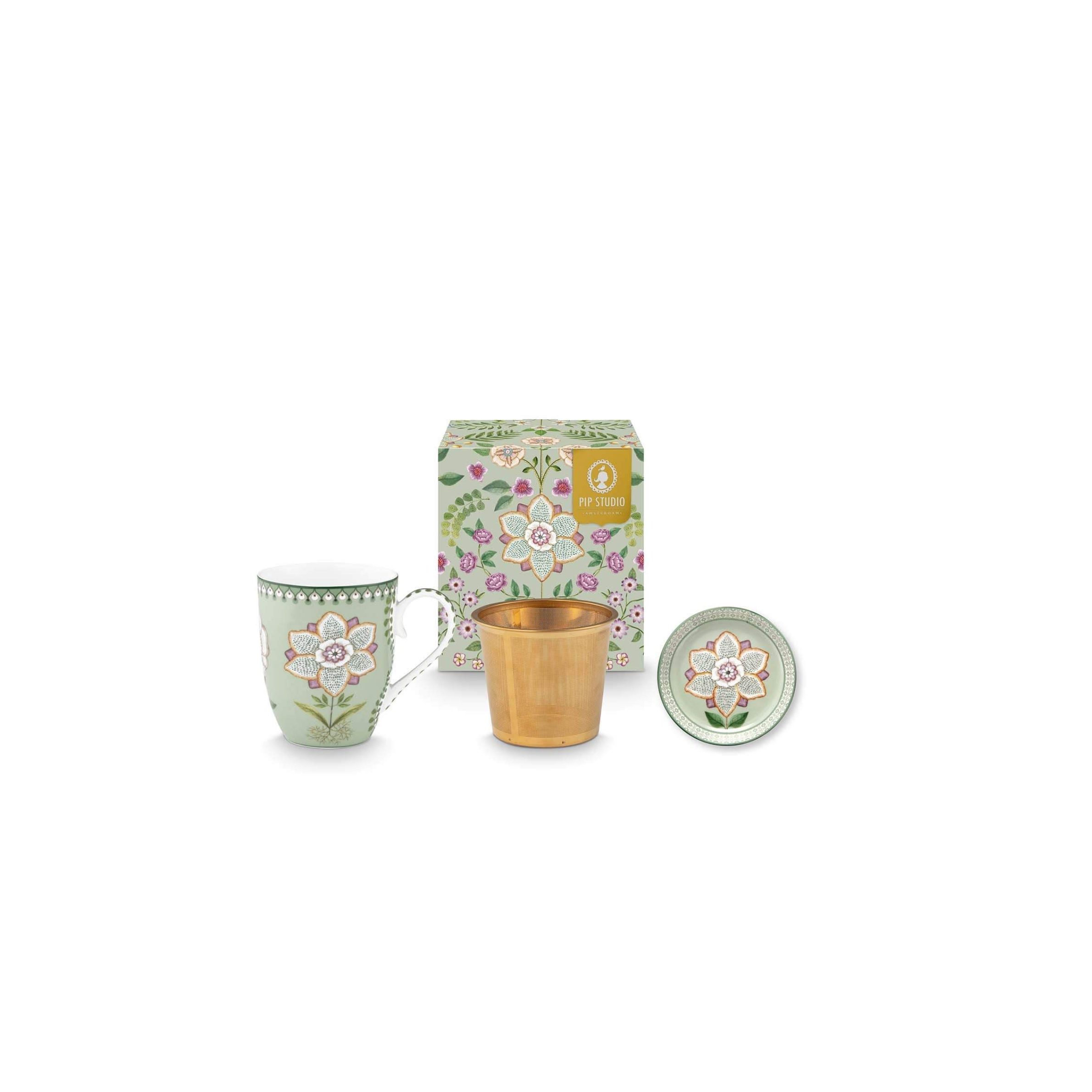 Set infuzor și cana Pip Studio Tea for One Lily & Lotus, porțelan, verde deschis, 365ml