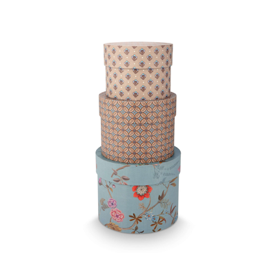 Set 3 cutii rotunde pentru depozitare Blooming Tales, albastru/kaki
