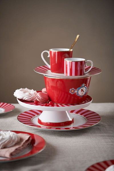 Set 2 cești și farfurioare pentru espresso Love Birds Stripes, porțelan, roșu/roz, 90ml