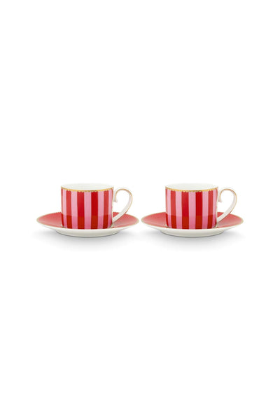 Set 2 cești și farfurioare pentru espresso Love Birds Stripes, porțelan, roșu/roz, 90ml