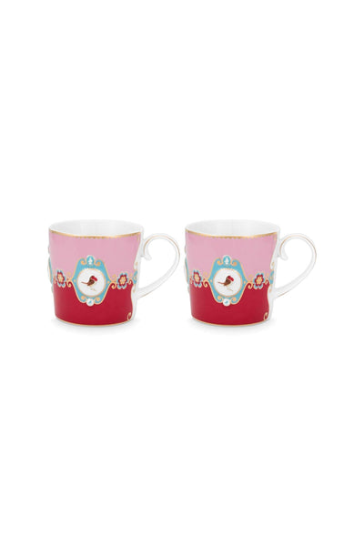 Set 2 căni mici Pip Studio Love Birds Medallion, porțelan, roșu/roz, 150ml