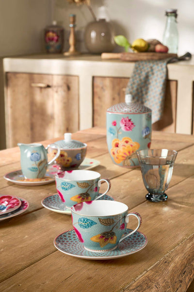 Set 2 cești cu farfuriuțe Blooming Tales, porțelan, albastru, 300ml