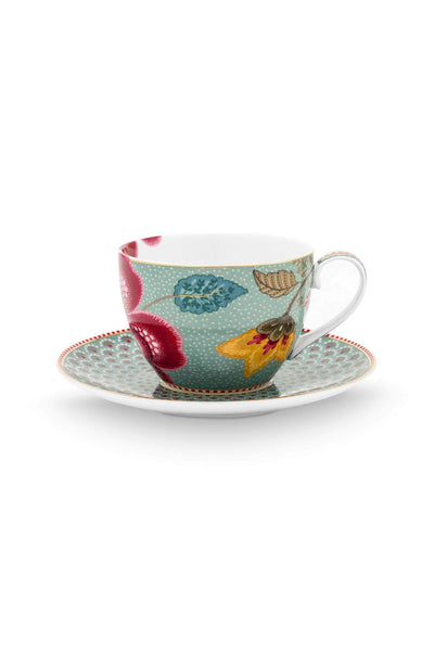 Set 2 cești cu farfuriuțe Blooming Tales, porțelan, albastru, 300ml