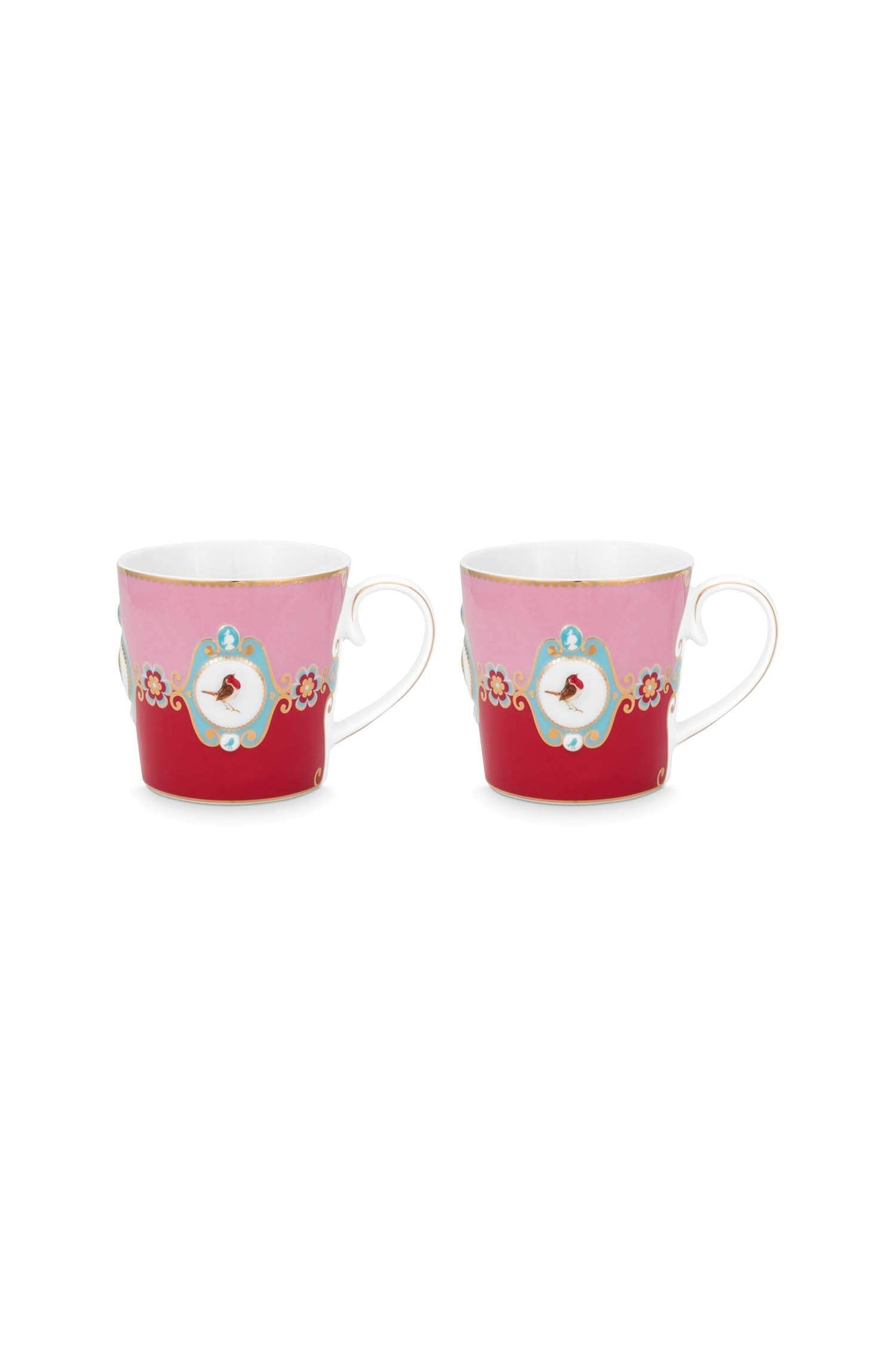 Set 2 căni mari Pip Studio Love Birds Medallion, porțelan, roșu/roz, 300ml