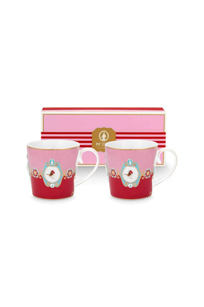 Set 2 căni mari Pip Studio Love Birds Medallion, porțelan, roșu/roz, 300ml
