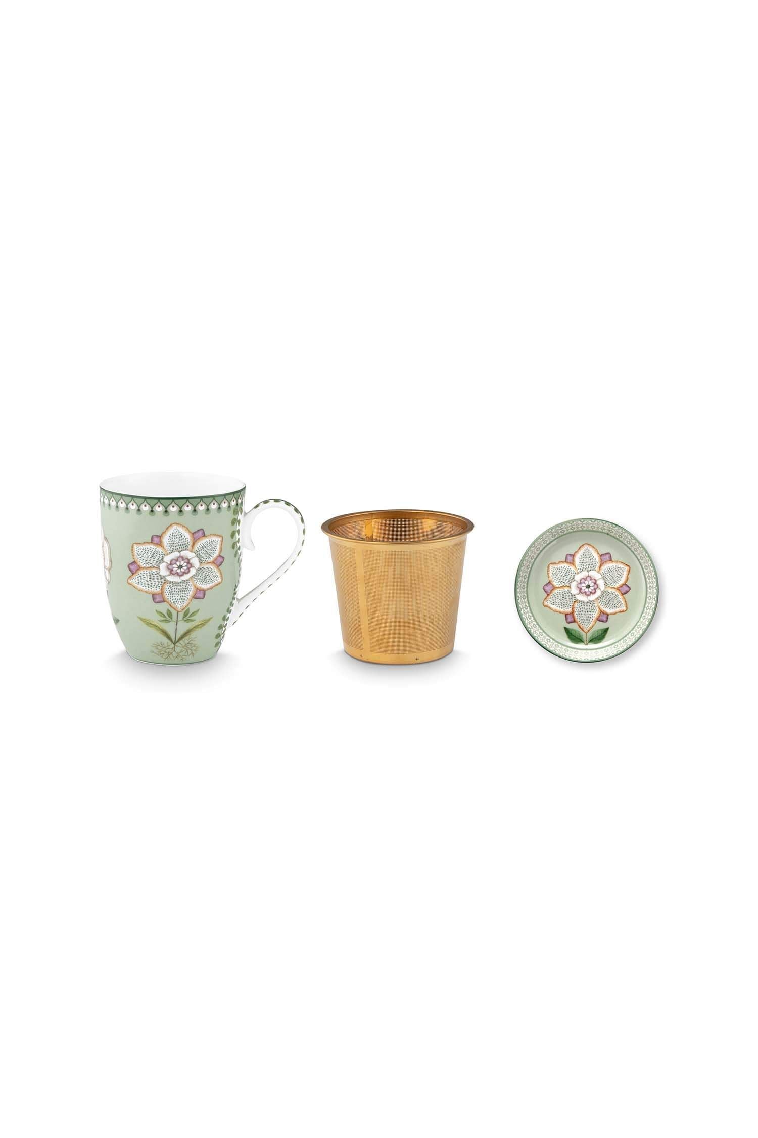 Set infuzor și cana Pip Studio Tea for One Lily & Lotus, porțelan, verde deschis, 365ml