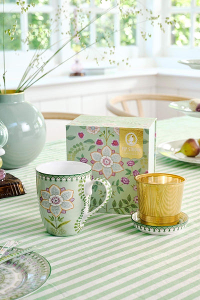Set infuzor și cana Pip Studio Tea for One Lily & Lotus, porțelan, verde deschis, 365ml