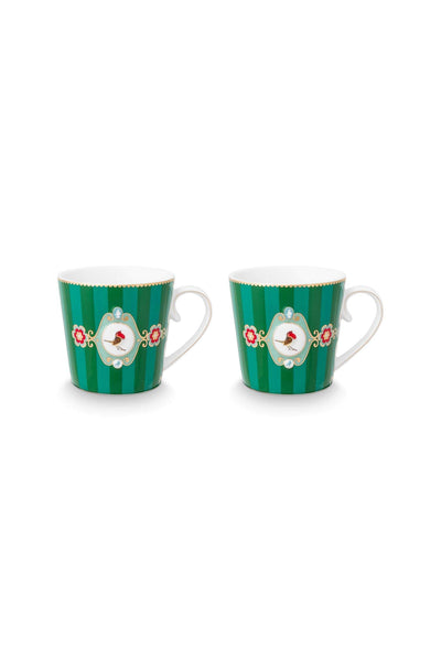 Set 2 căni mari Pip Studio Love Birds Medallion Stripes, porțelan, verde smarald, 300ml