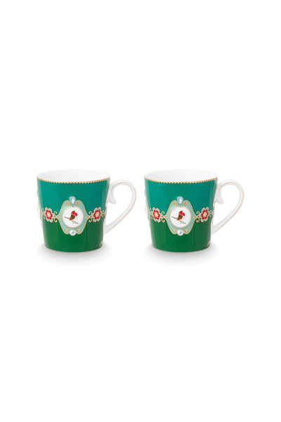 Set 2 căni mari Pip Studio Love Birds Medallion, porțelan, verde smarald, 300ml