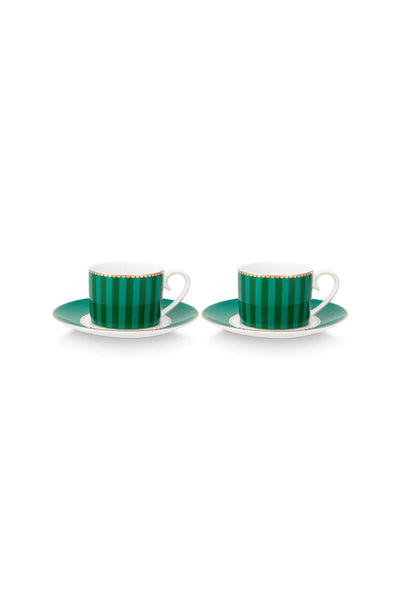 Set 2 cești cu farfurioare Pip Studio Love Birds Medallion, porțelan, verde smarald, 250ml