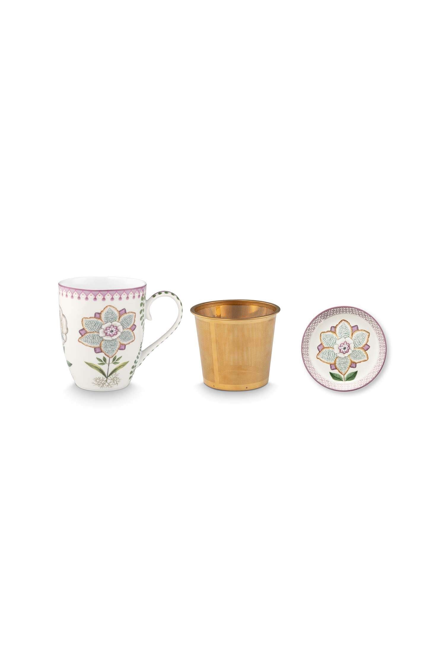 Set infuzor și cana Pip Studio Tea for One Lily & Lotus, porțelan, alb, 365ml