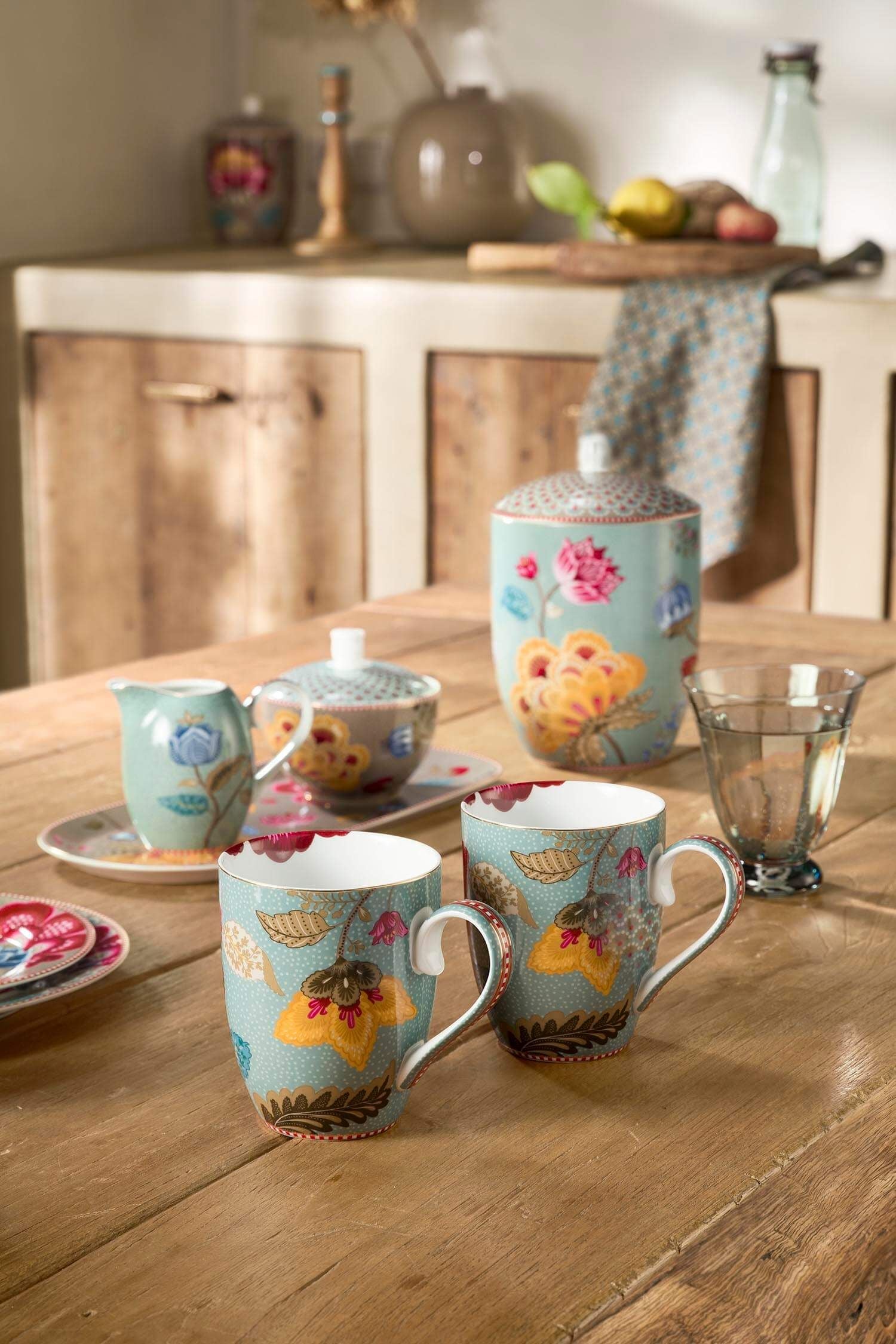 Set 2 căni Blooming Tales, porțelan, albastru, 365ml