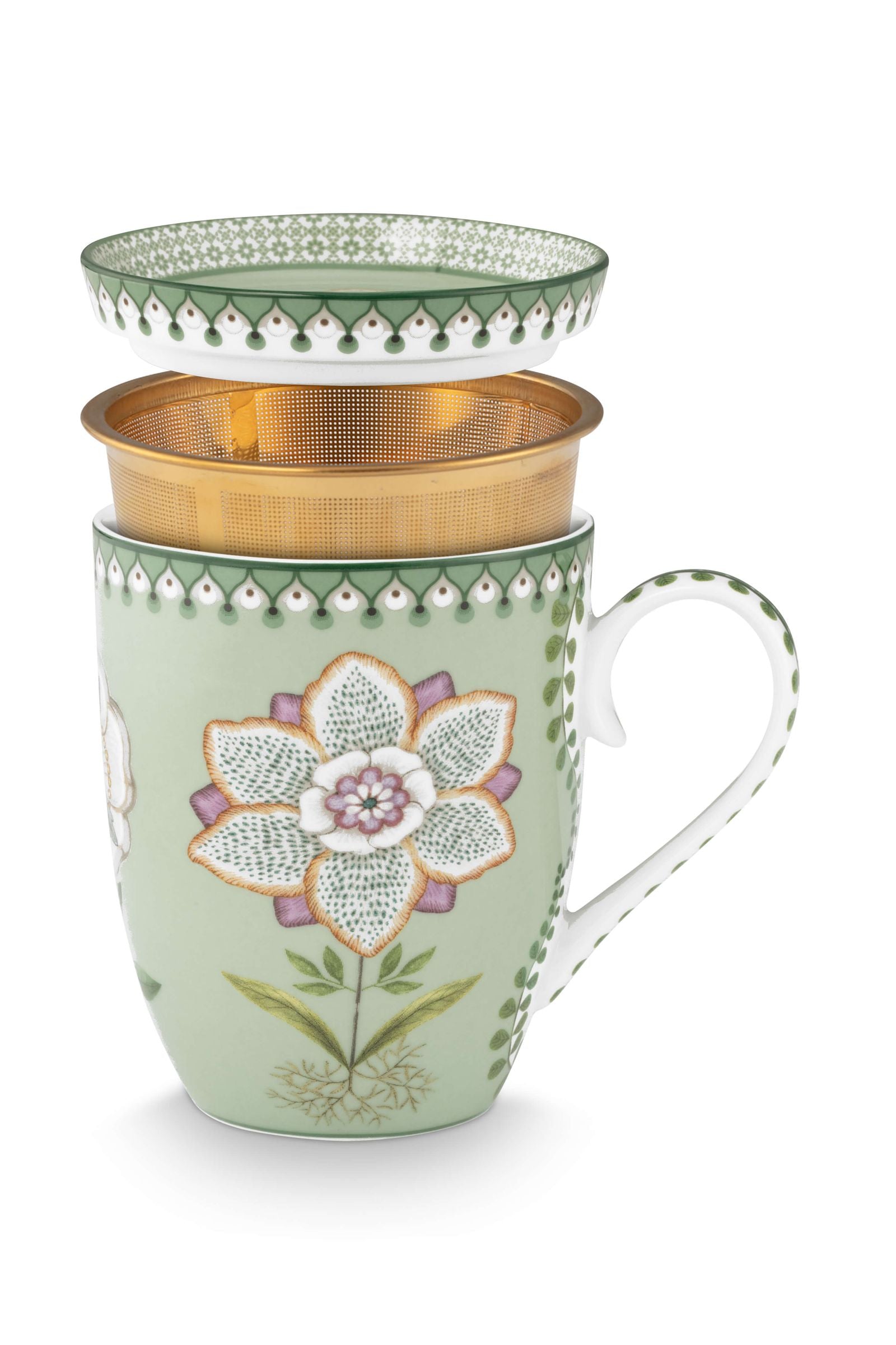 Set infuzor și cana Pip Studio Tea for One Lily & Lotus, porțelan, verde deschis, 365ml