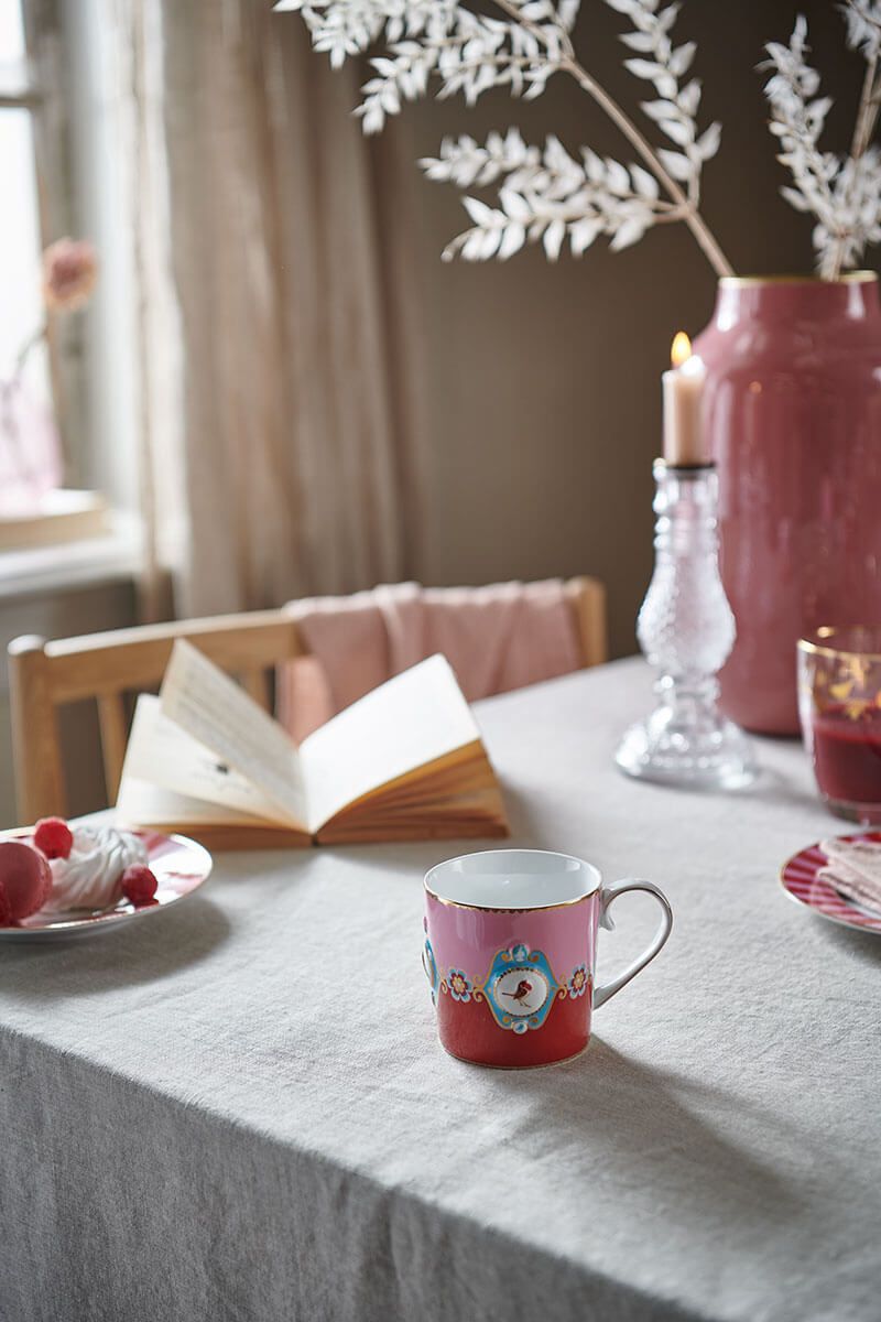 Set 2 căni mari Pip Studio Love Birds Medallion, porțelan, roșu/roz, 300ml