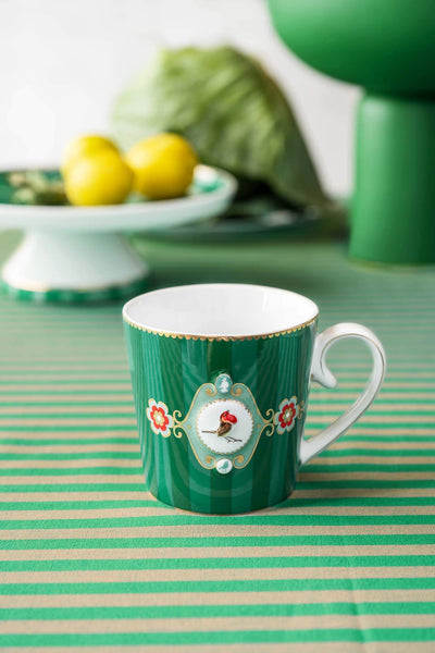 Set 2 căni mici Pip Studio Love Birds Medallion Stripes, porțelan, verde smarald, 150ml