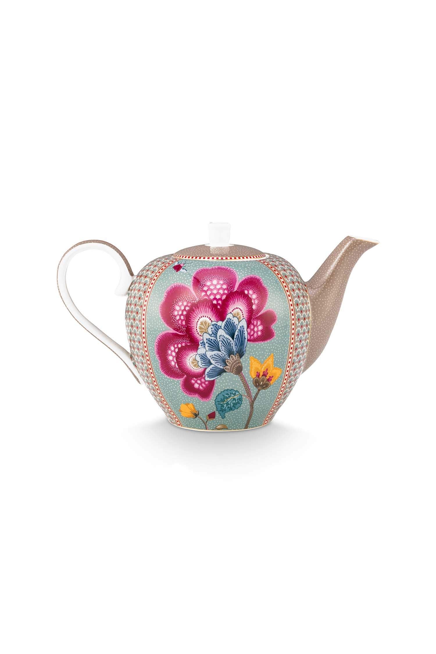 Ceainic mare Blooming Tales, porțelan, kaki/albastru, 1.6L