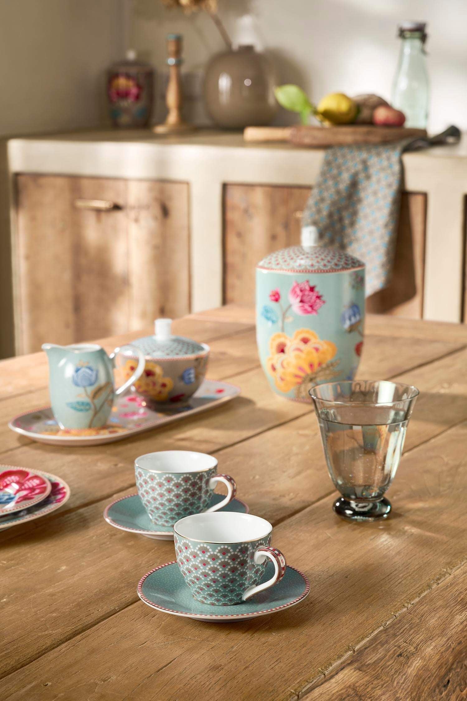 Set 2 cești espresso cu farfurioare Blooming Tales, porțelan, albastru, 120ml