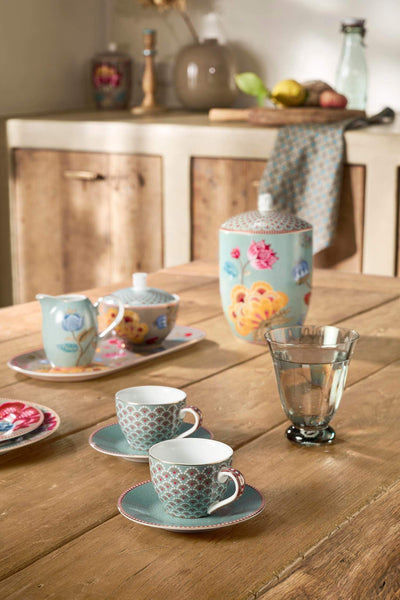 Set 2 cești espresso cu farfurioare Blooming Tales, porțelan, albastru, 120ml