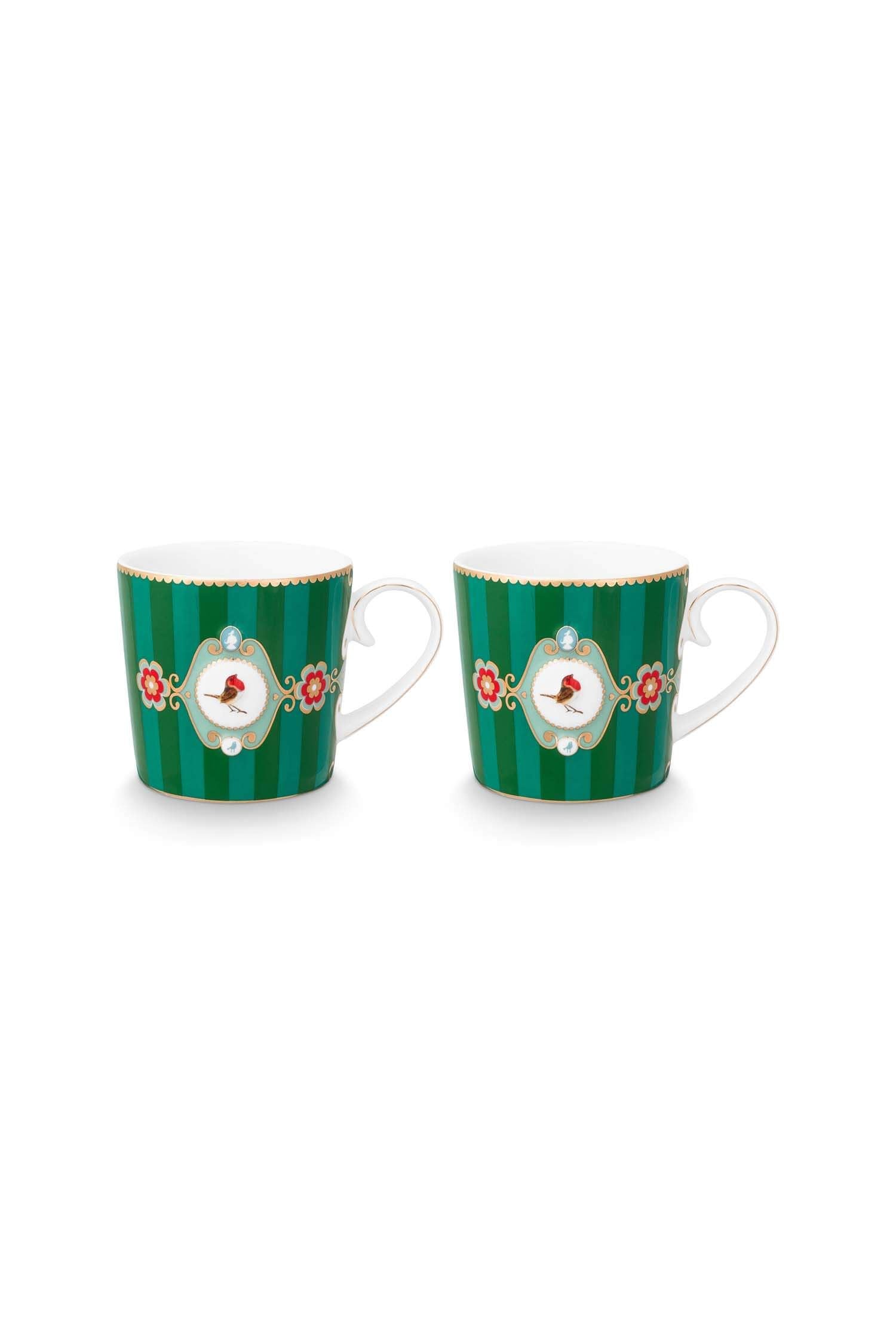 Set 2 căni mici Pip Studio Love Birds Medallion Stripes, porțelan, verde smarald, 150ml