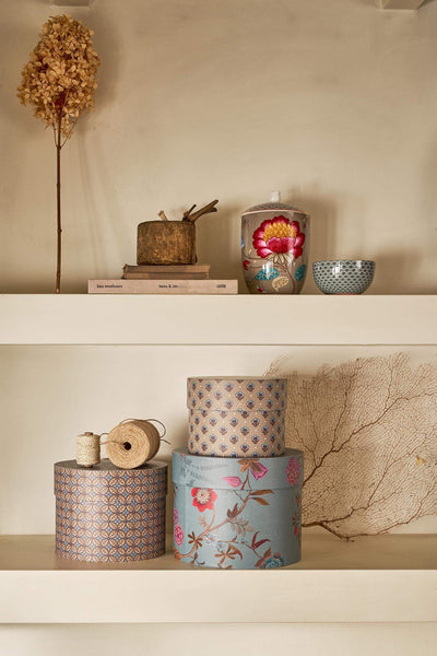 Set 3 cutii rotunde pentru depozitare Blooming Tales, albastru/kaki