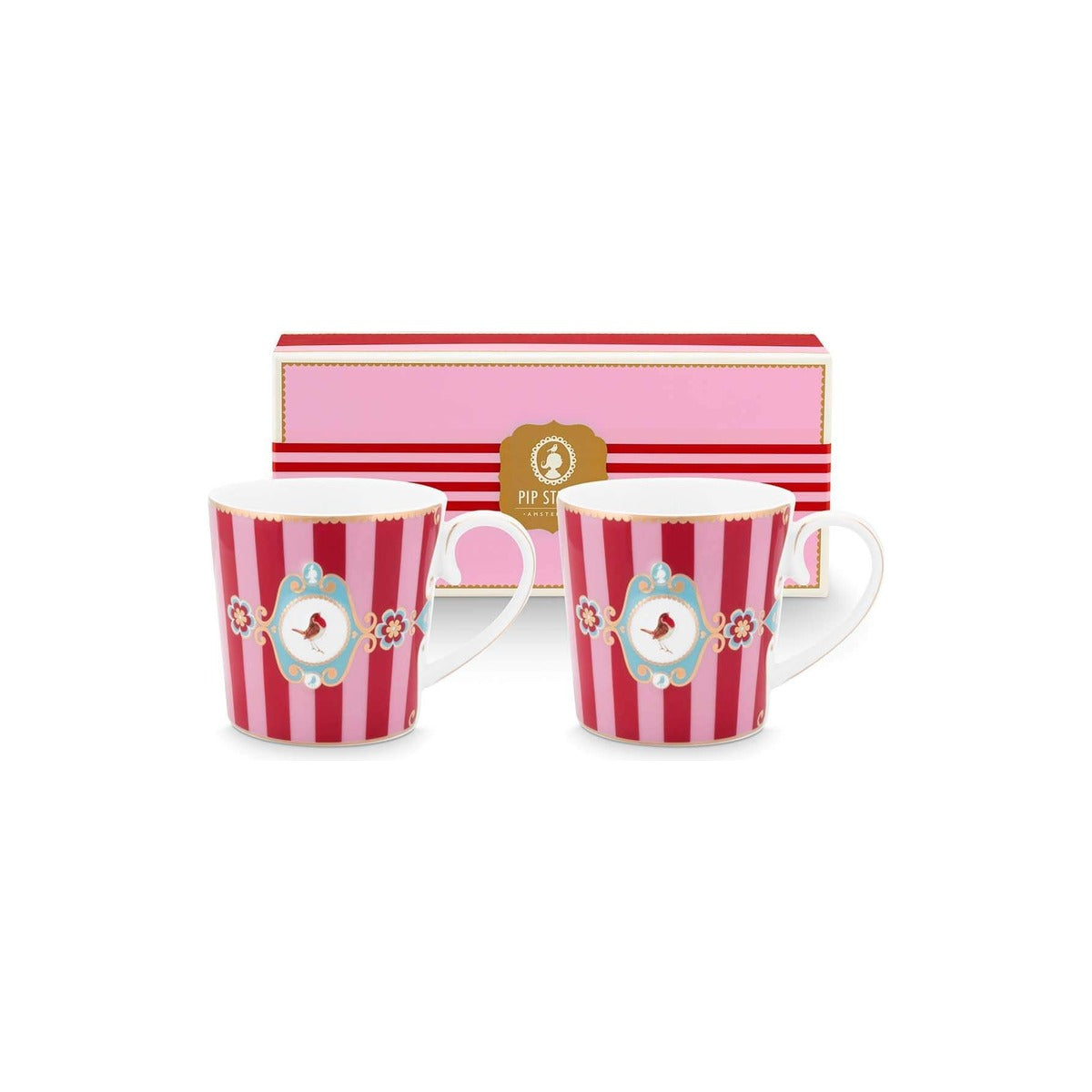 Pip Studio набор из 2 больших кружек Love Birds Medallion Stripes, красный и розовый с золотыми деталями