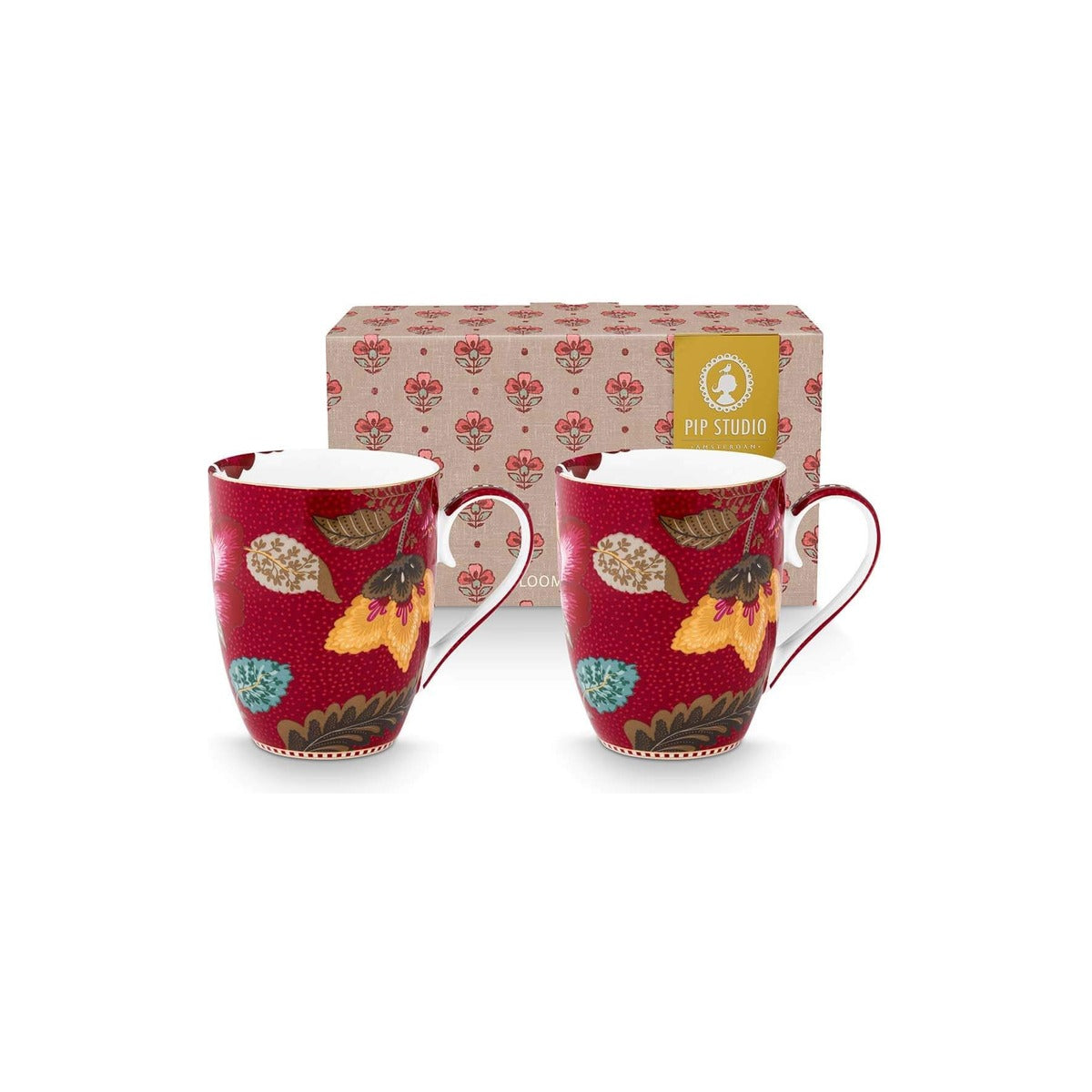 Pip Studio набор из 2 больших кружек Blooming Tales Fantasy, тёмно-красный с цветами охры и фуксии