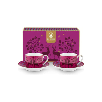 Pip Studio set 2 cești cu farfurioare Pip's Deerest Darling, roz fucsia cu detalii aurii